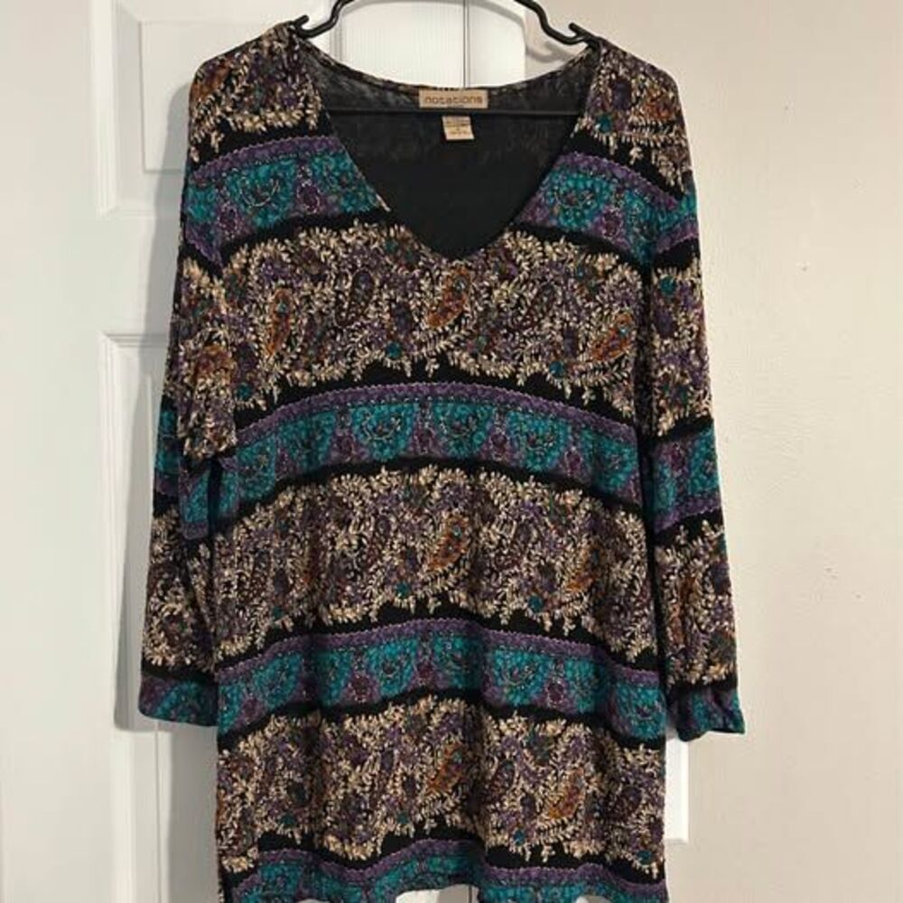 Notations Women’s 1X Paisley Tunic Top Teal Purple Black V Neck 3/4 Sleeve